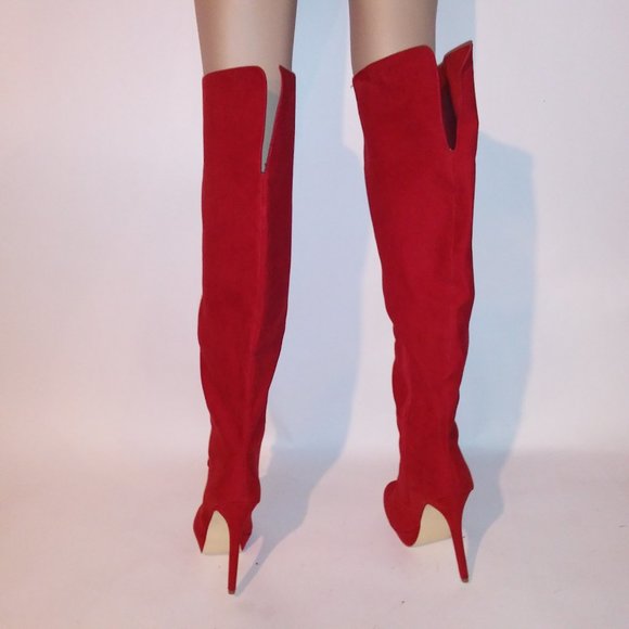 Just Fab Over the Knee Boots Womens Size 10 Solid Red Button Detail Platform Sid - Picture 6 of 16